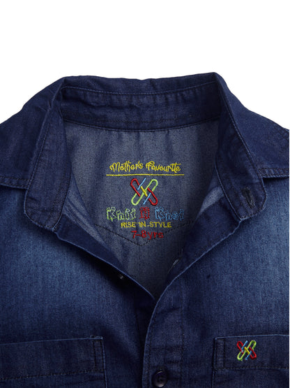Knit N Knot Boys Denim Casual Shirt Full Sleeves, Stone-Washed Indigo Blue, Double Chest Pockets, Stylish Kids Jeans Shirt, Western Look Cotton Jacket