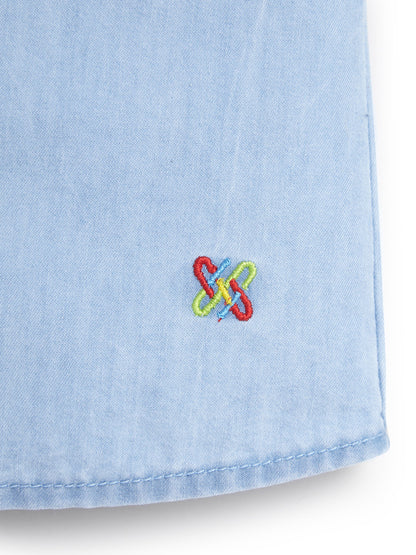 Knit N Knot Girls Cotton Denim Shirt Top – Light Blue Collar with Lace Trim, Button-Up Long Sleeves, Cute Casual Wear for Kids, 100% Soft Cotton Fabric