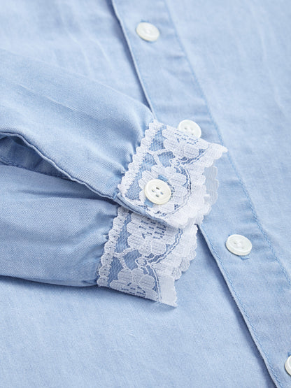 Knit N Knot Girls Cotton Denim Shirt Top – Light Blue Collar with Lace Trim, Button-Up Long Sleeves, Cute Casual Wear for Kids, 100% Soft Cotton Fabric