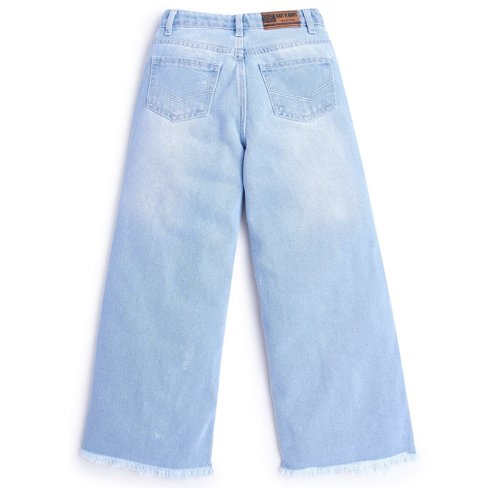 Knit N Knot Girls' Wide Flaring Fit High Waist Light Blue Tearing Jeans with Bottom Fringes