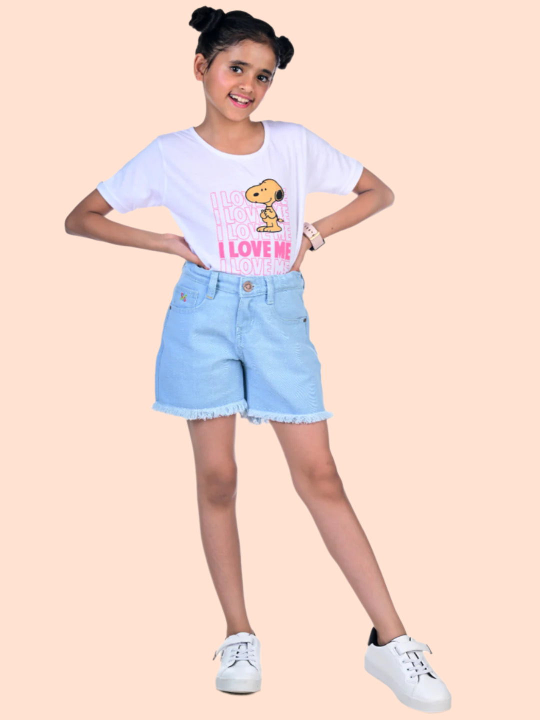 Knit N Knot Girls Cotton Ice wash, Light Blue Denim high Rise, Relaxed fit, Clean, Fashionable, Bottom Fringed Jeans Shorts for Kids| Comfortable, Trendy, Casual Wear| Adjustable Waist