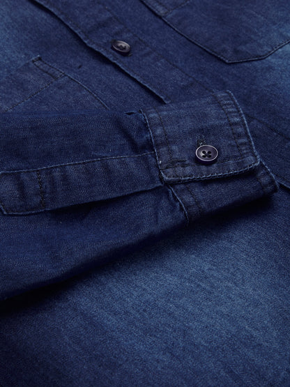 Knit N Knot Boys Denim Casual Shirt Full Sleeves, Stone-Washed Indigo Blue, Double Chest Pockets, Stylish Kids Jeans Shirt, Western Look Cotton Jacket