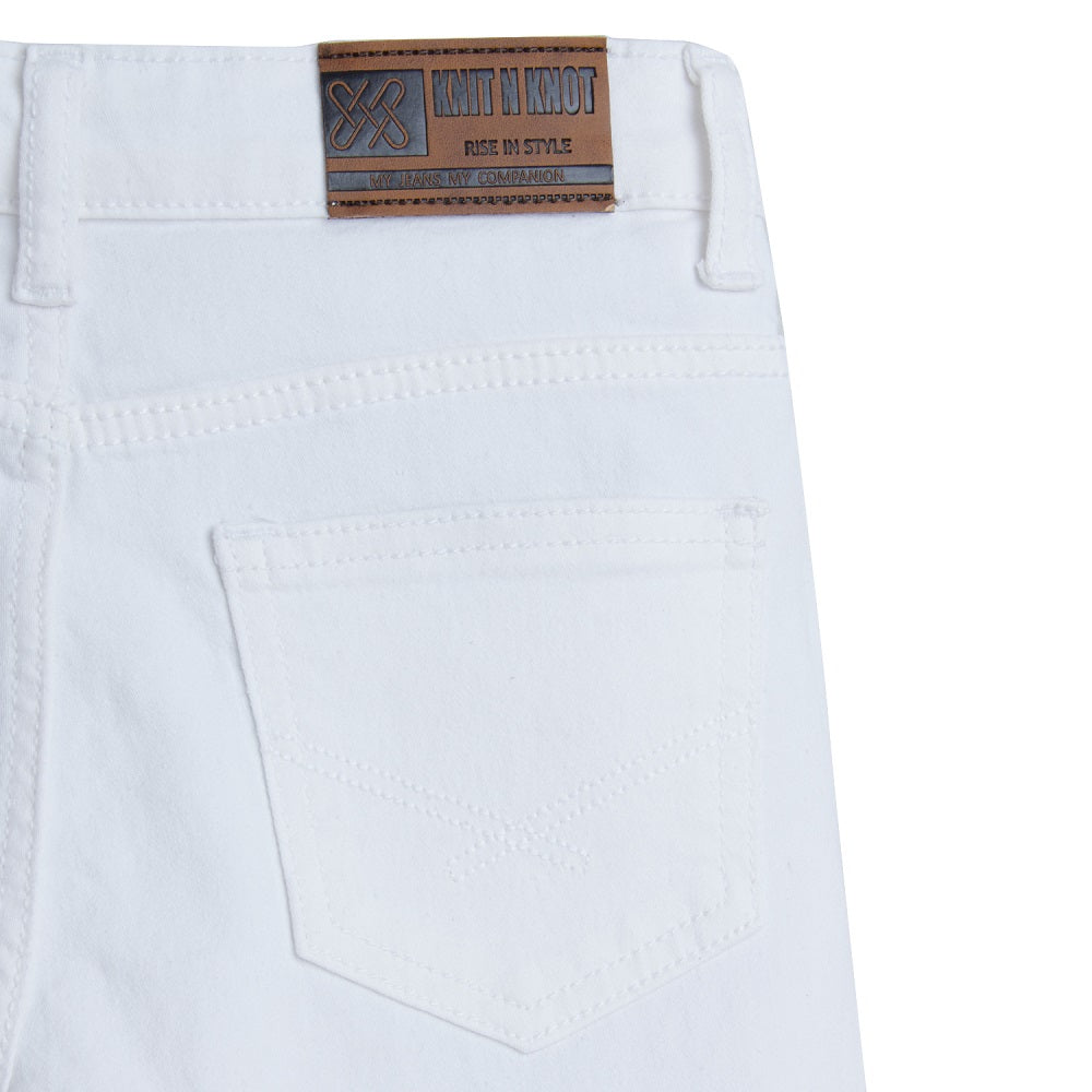 Knit N Knot Girls White Bell Bottom Jeans with Lace Panels | Flared Denim Jeans for Girls | Stylish Casual Low Waist Wide Leg Jeans for Kids