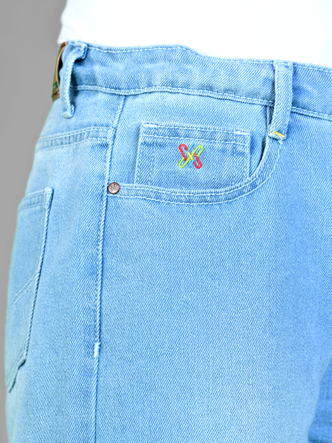 Knit N Knot Girls' Wide Flaring Fit High Waist Light Blue Tearing Jeans with Bottom Fringes
