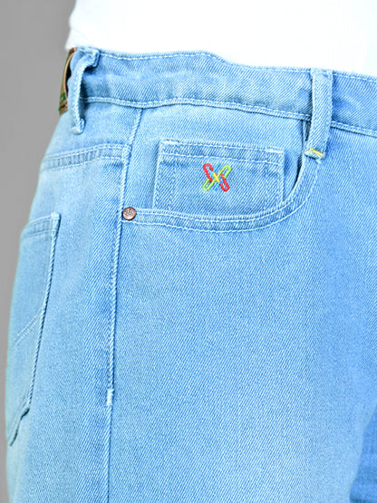 Knit N Knot Girls' Wide Flaring Fit High Waist Light Blue Tearing Jeans with Bottom Fringes