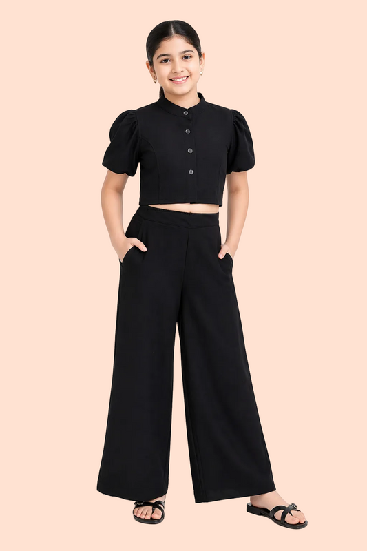 Knit N Knot Girls' Black Viscose Crepe Co-Ord Set of Mandarin Collar Puff Sleeve Top & Wide Leg Palazzo