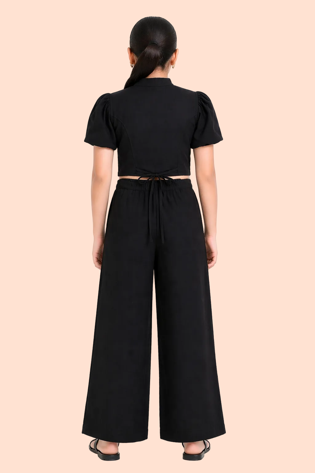 Knit N Knot Girls' Black Viscose Crepe Co-Ord Set of Mandarin Collar Puff Sleeve Top & Wide Leg Palazzo