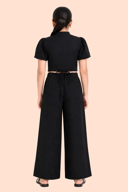 Knit N Knot Girls' Black Viscose Crepe Co-Ord Set of Mandarin Collar Puff Sleeve Top & Wide Leg Palazzo