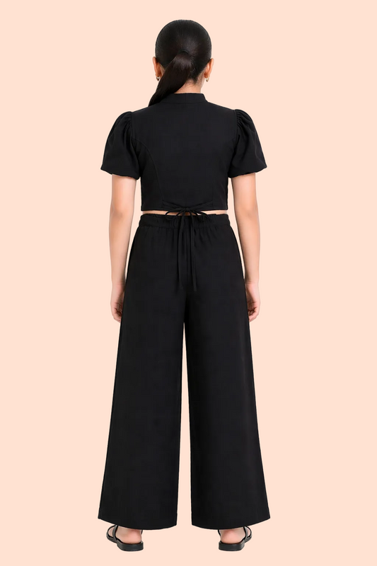 Knit N Knot Girls' Black Viscose Crepe Co-Ord Set of Mandarin Collar Puff Sleeve Top & Wide Leg Palazzo