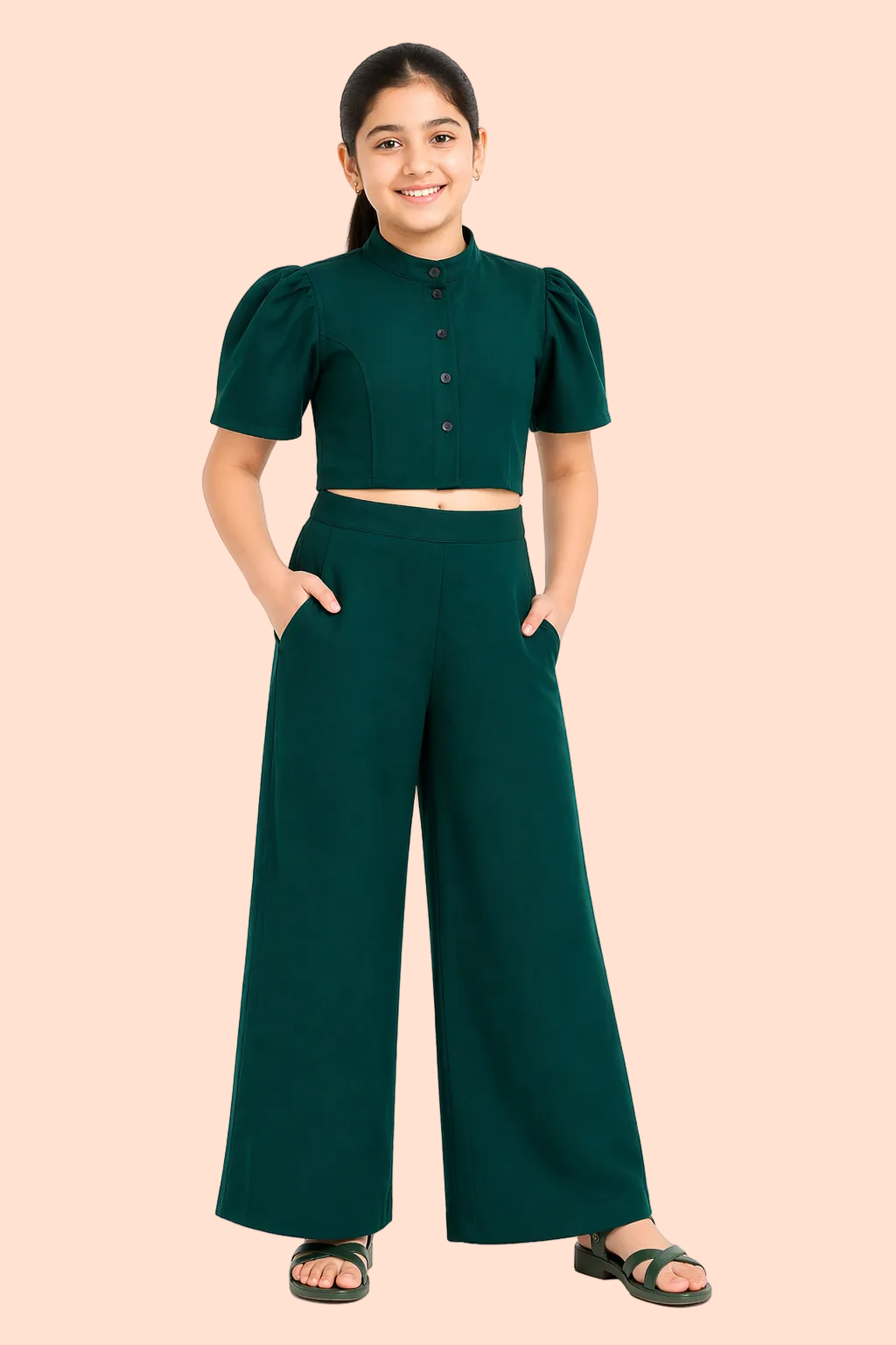 Knit N Knot Girls' Green Viscose Crepe Co-Ord Set of Mandarin Collar Puff Sleeve Top & Wide Leg Palazzo