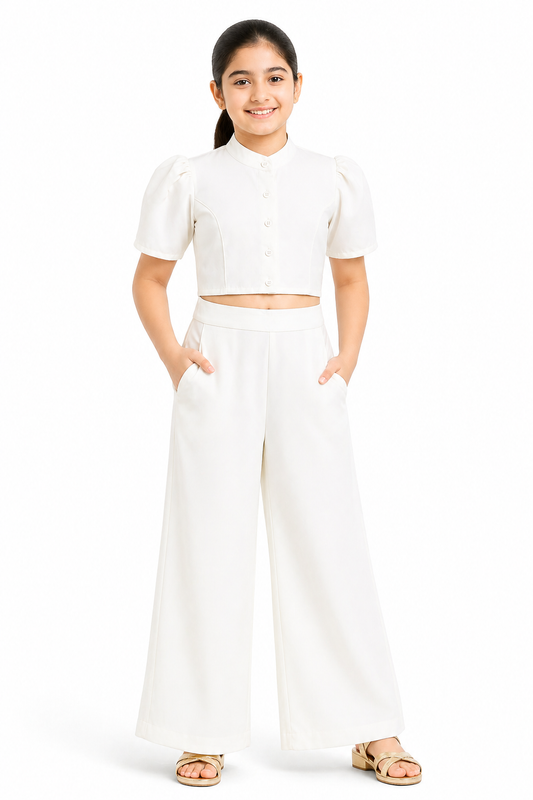 Knit N Knot Girls' White Cotton Crepe Co-Ord Set of Mandarin Collar Puff Sleeve Top & Wide Leg Palazzo