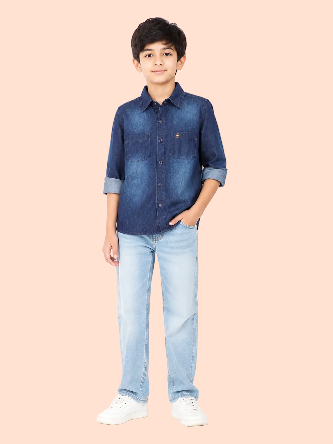 Knit N Knot Boys Denim Casual Shirt Full Sleeves, Stone-Washed Indigo Blue, Double Chest Pockets, Stylish Kids Jeans Shirt, Western Look Cotton Jacket