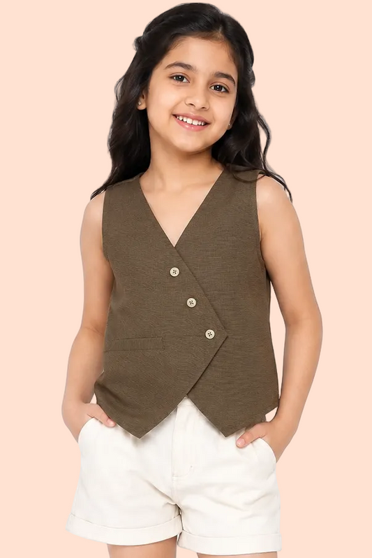 Knit N Knot Girls Khaki Solid Sleeveless Waistcoat | Premium Textured V-Neck Button Closure Casual, Party Vest Jacket Top| Stylish Formal Layering Jacket