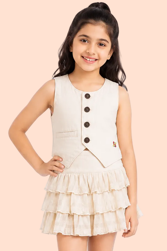 Knit N Knot Girls Beige Solid Sleeveless Waistcoat | Premium Textured Round-Neck Button Closure Casual, Party Vest Jacket Top| Stylish Casual Layering Jacket