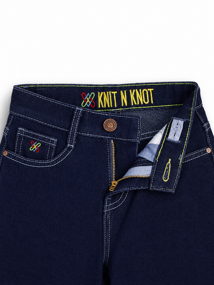 Knit N Knot Girls Wide Leg Jeans | Solid Indigo High Waist Denim Jeans with Frayed Hem | Relaxed Fit Casual Jeans for Girls | Kids Denim Bottom Wear