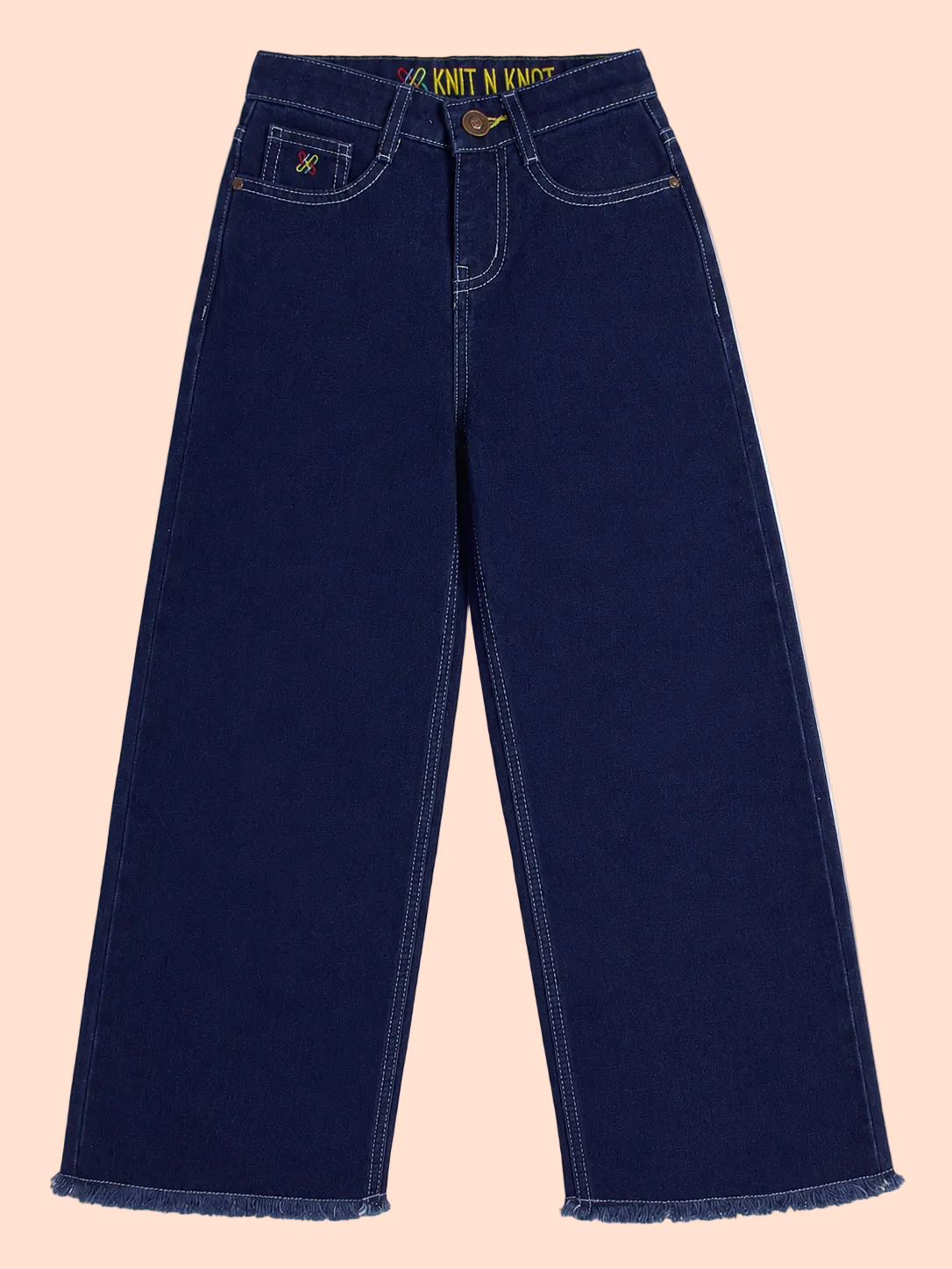 Knit N Knot Girls Wide Leg Jeans | Solid Indigo High Waist Denim Jeans with Frayed Hem | Relaxed Fit Casual Jeans for Girls | Kids Denim Bottom Wear