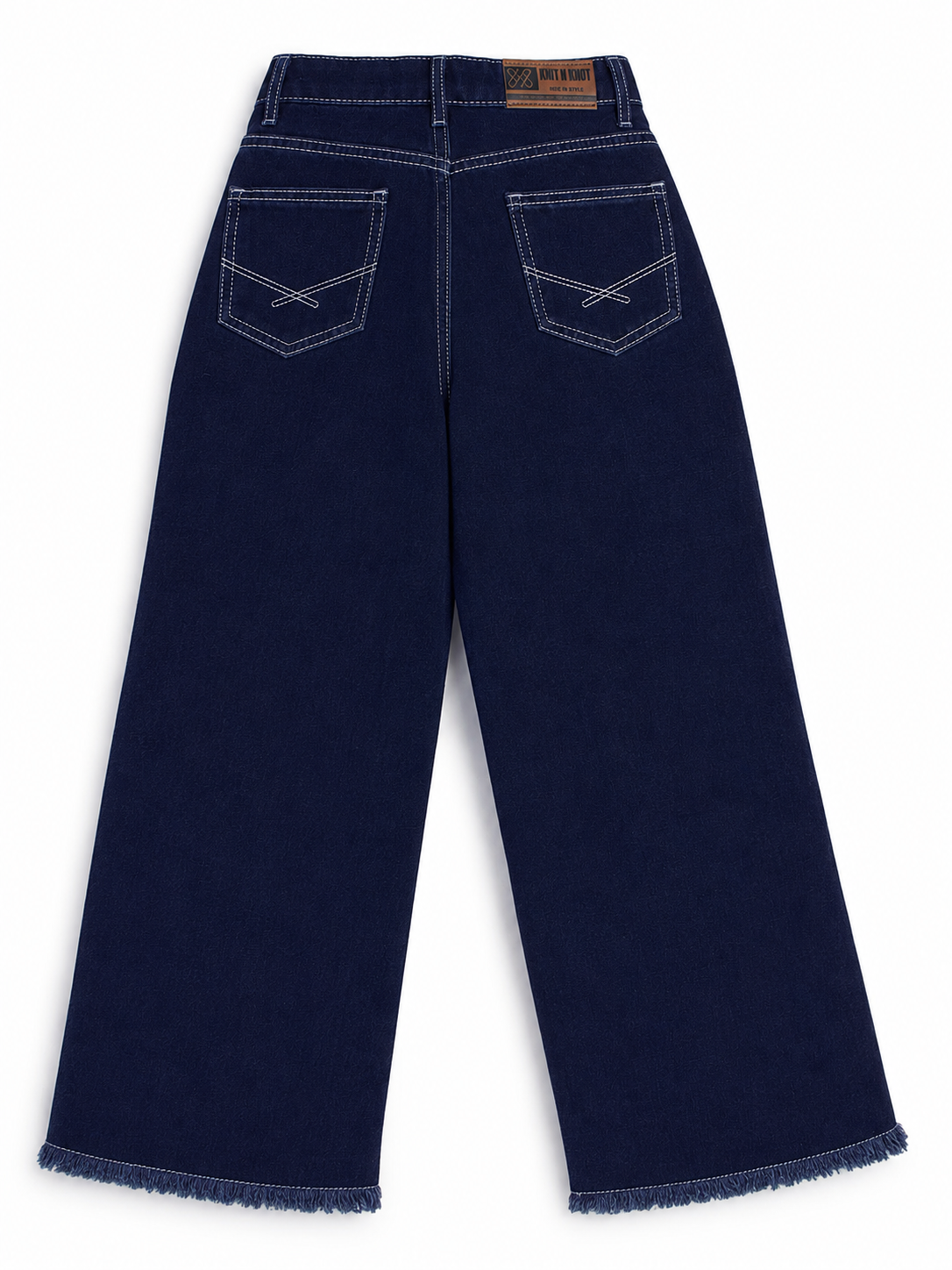 Knit N Knot Girls Wide Leg Jeans | Solid Indigo High Waist Denim Jeans with Frayed Hem | Relaxed Fit Casual Jeans for Girls | Kids Denim Bottom Wear