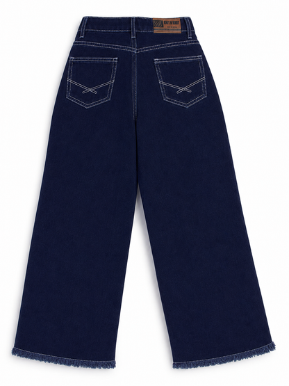 Knit N Knot Girls Wide Leg Jeans | Solid Indigo High Waist Denim Jeans with Frayed Hem | Relaxed Fit Casual Jeans for Girls | Kids Denim Bottom Wear