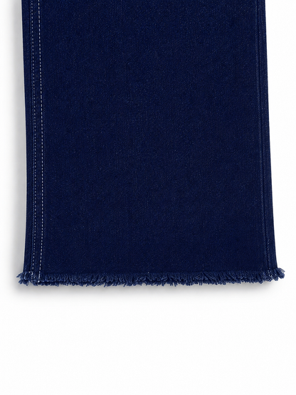 Knit N Knot Girls Wide Leg Jeans | Solid Indigo High Waist Denim Jeans with Frayed Hem | Relaxed Fit Casual Jeans for Girls | Kids Denim Bottom Wear
