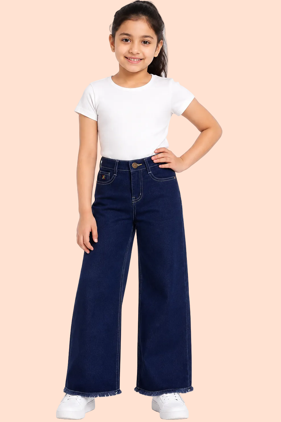 Knit N Knot Girls Wide Leg Jeans | Solid Indigo High Waist Denim Jeans with Frayed Hem | Relaxed Fit Casual Jeans for Girls | Kids Denim Bottom Wear
