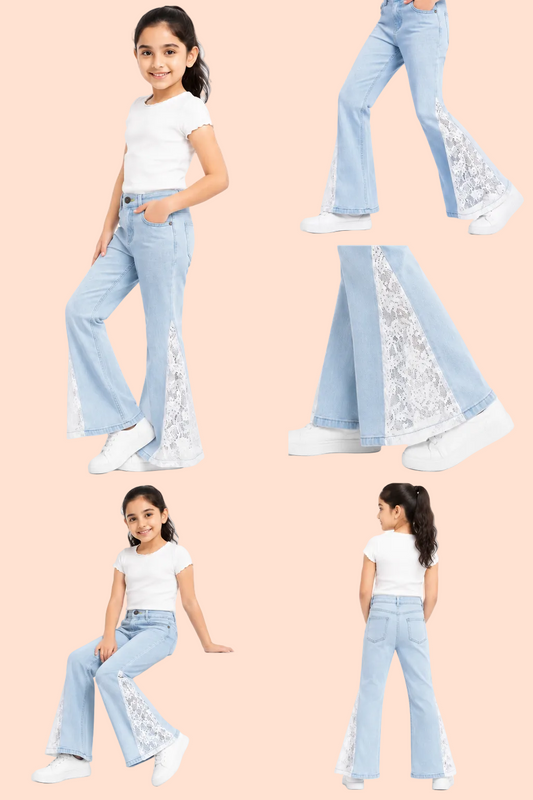 Knit N Knot Girls Bell Bottom Jeans with Lace Panels | Light Blue Flared Denim Jeans for Girls | Stylish Casual Low Waist Wide Leg Jeans for Kids