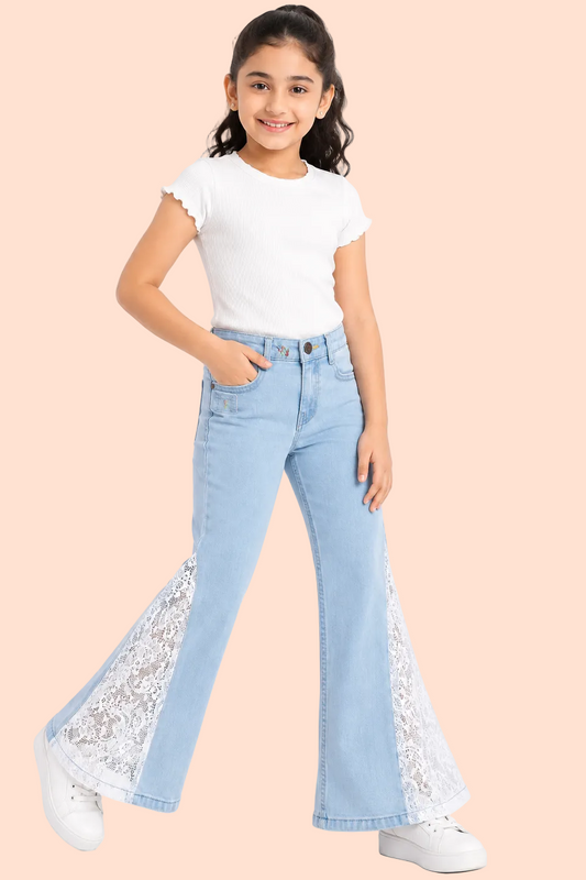 Knit N Knot Girls Bell Bottom Jeans with Lace Panels | Light Blue Flared Denim Jeans for Girls | Stylish Casual Low Waist Wide Leg Jeans for Kids
