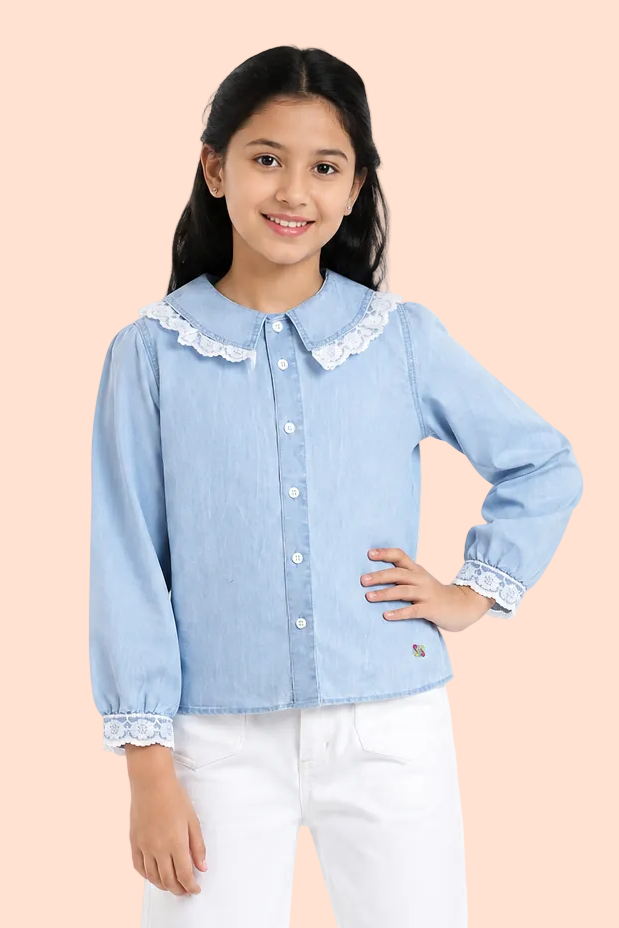 Knit N Knot Girls Cotton Denim Shirt Top – Light Blue Collar with Lace Trim, Button-Up Long Sleeves, Cute Casual Wear for Kids, 100% Soft Cotton Fabric