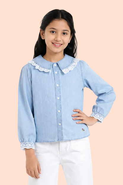 Knit N Knot Girls Cotton Denim Shirt Top – Light Blue Collar with Lace Trim, Button-Up Long Sleeves, Cute Casual Wear for Kids, 100% Soft Cotton Fabric