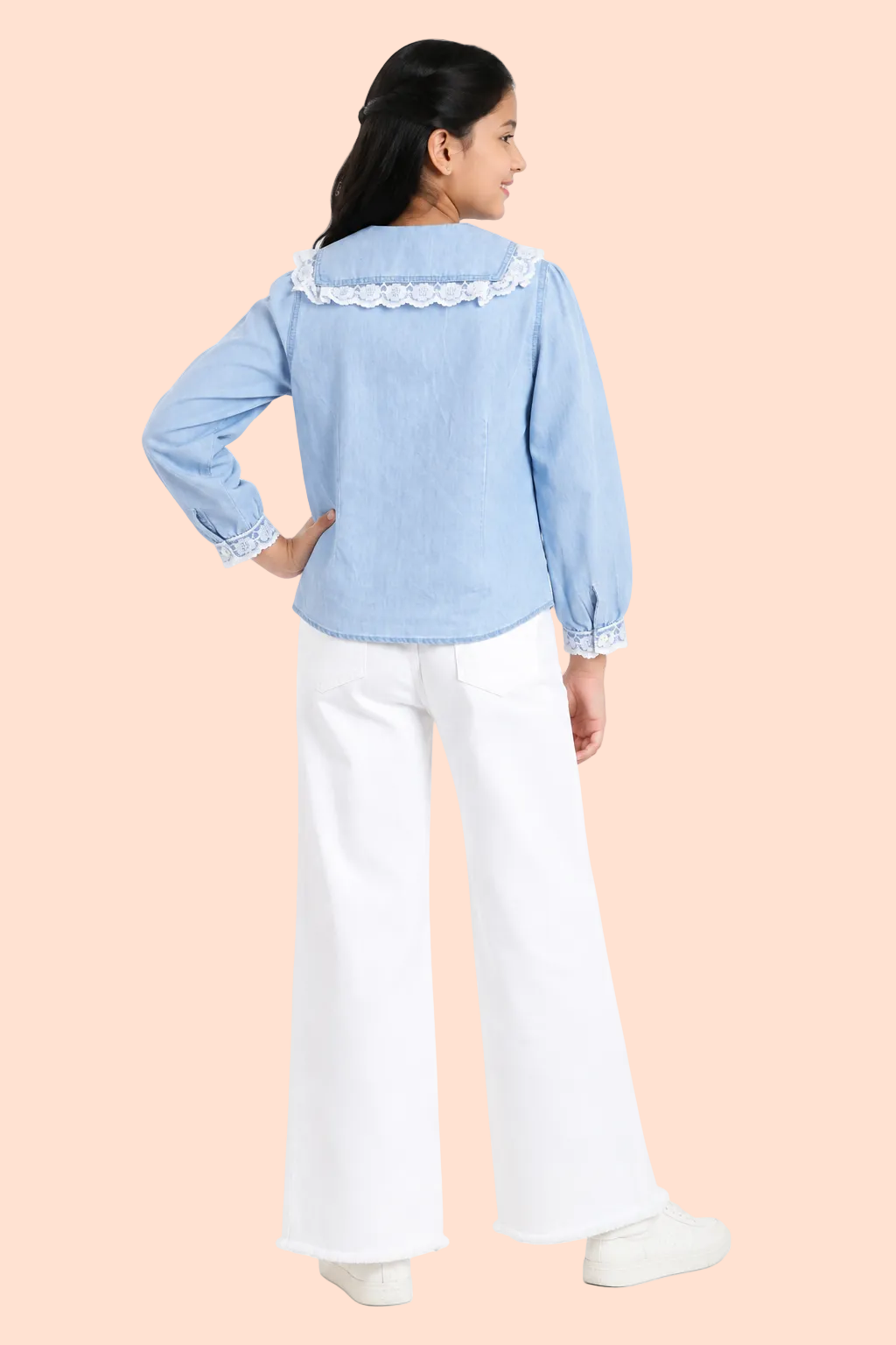 Knit N Knot Girls Cotton Denim Shirt Top – Light Blue Collar with Lace Trim, Button-Up Long Sleeves, Cute Casual Wear for Kids, 100% Soft Cotton Fabric
