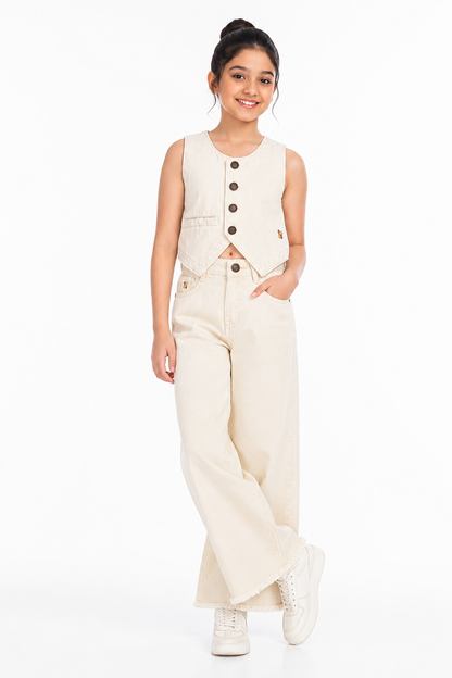 Knit N Knot Girls Beige Solid Sleeveless Waistcoat | Premium Textured Round-Neck Button Closure Casual, Party Vest Jacket Top| Stylish Casual Layering Jacket