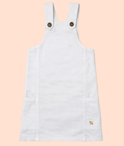 Knit N Knot Girls Premium White Denim Stretch Dungaree Dress | Adjustable Straps, Bib Pocket, Casual & Party | Soft Cotton-Rich Jeans Overall for Kids and Teenagers