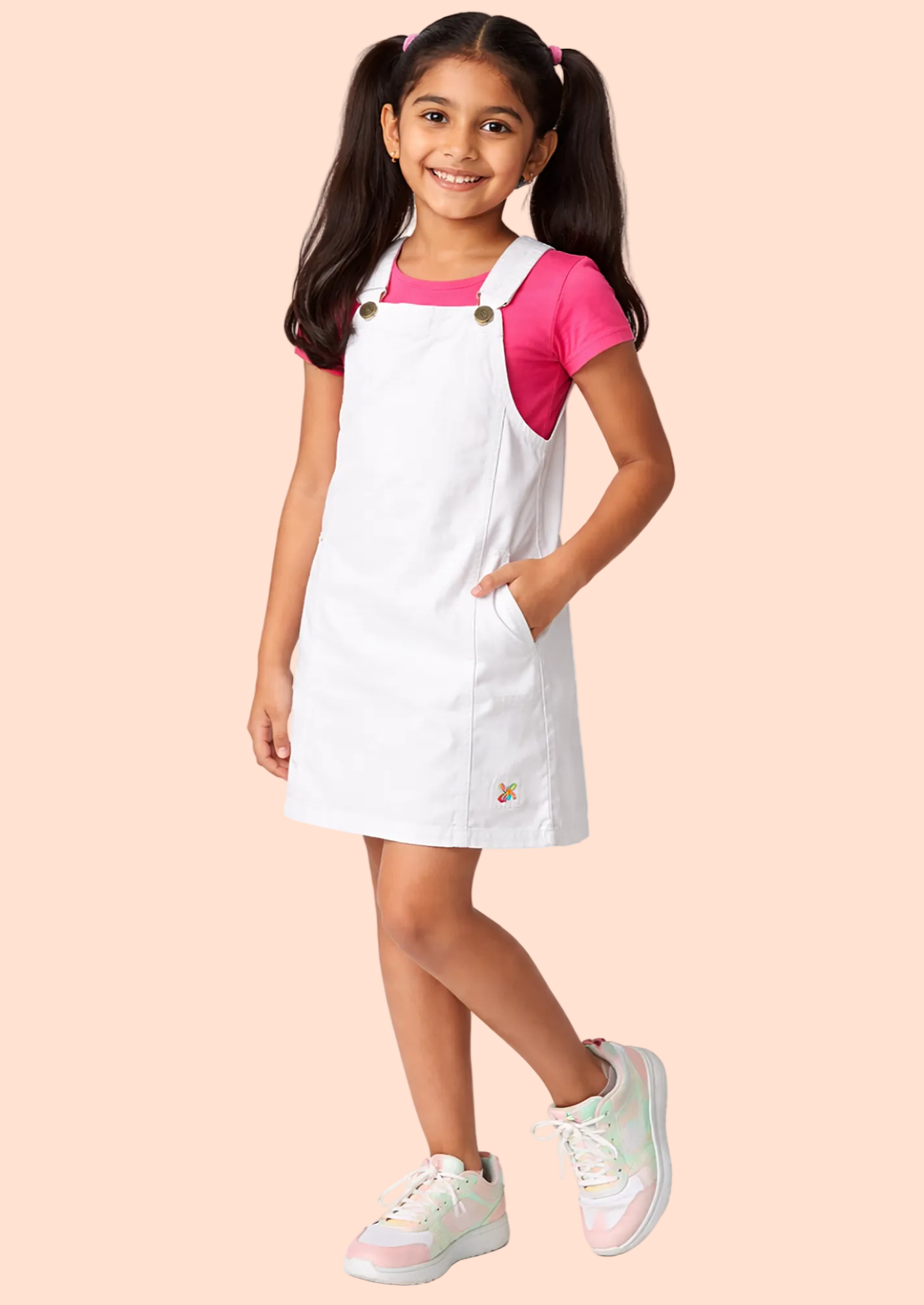 Knit N Knot Girls Premium White Denim Stretch Dungaree Dress | Adjustable Straps, Bib Pocket, Casual & Party | Soft Cotton-Rich Jeans Overall for Kids and Teenagers