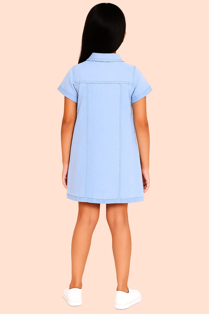 Knit N Knot Girls' Denim Shirt Dress with Front Pockets | Light Blue Casual A-Line Full Button Down Dress | Soft Cotton Jeans Stretch Fabric | Kids Summer Western Outfit