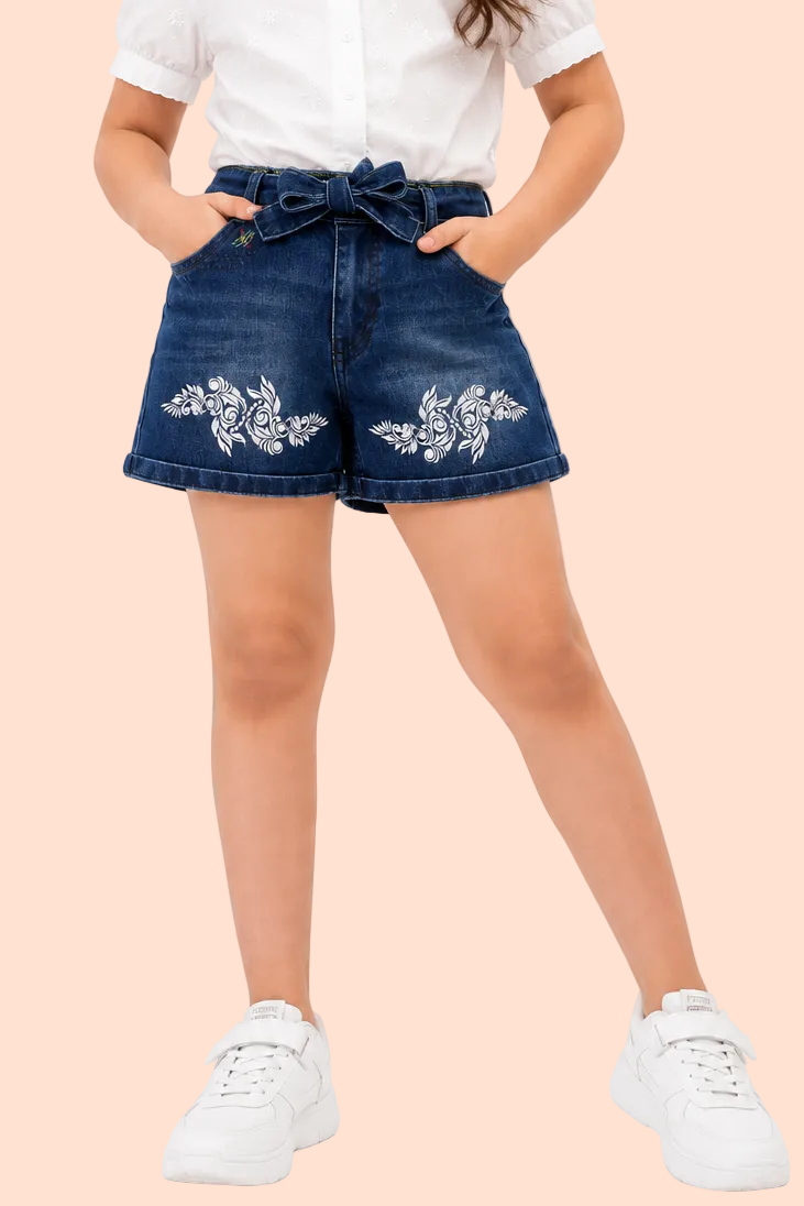 Knit N Knot Girls Blue Faded Embroidered Denim Shorts with Tie-Up Belt & Elastic Waist