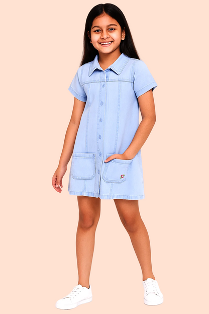 Knit N Knot Girls' Denim Shirt Dress with Front Pockets | Light Blue Casual A-Line Full Button Down Dress | Soft Cotton Jeans Stretch Fabric | Kids Summer Western Outfit
