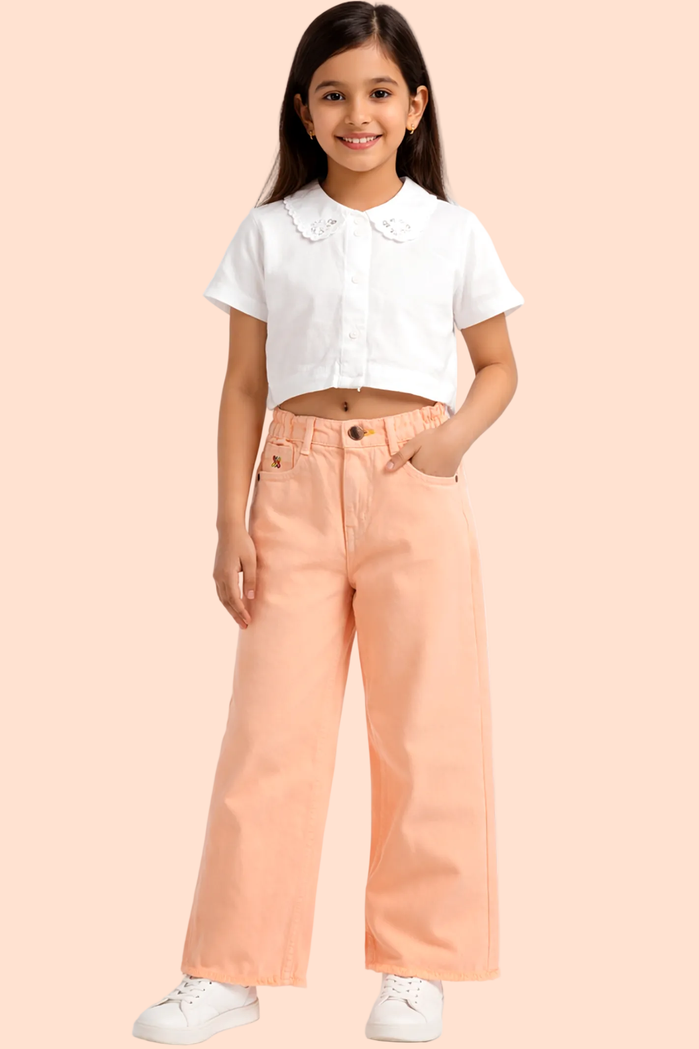Knit N Knot Girls' Peach Wide Flaring Fit Cotton Denim Jeans with Fringed Hem