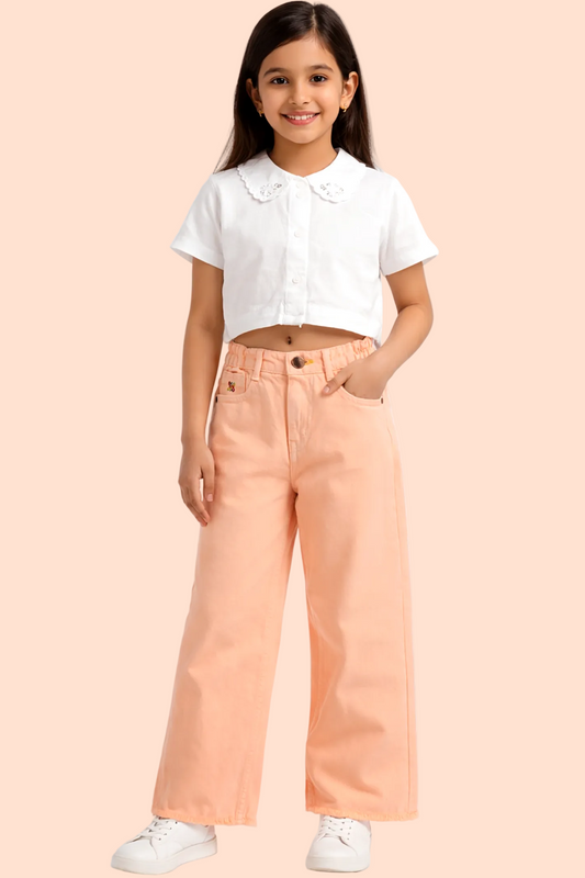 Knit N Knot Girls' Peach Wide Flaring Fit Cotton Denim Jeans with Fringed Hem