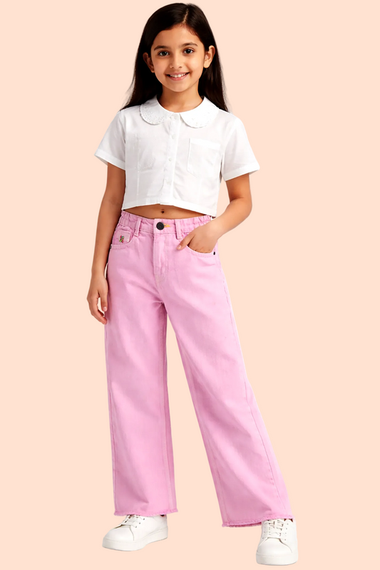 Knit N Knot Girls' Pink Wide Flaring Fit Cotton Denim Jeans with Fringed Hem