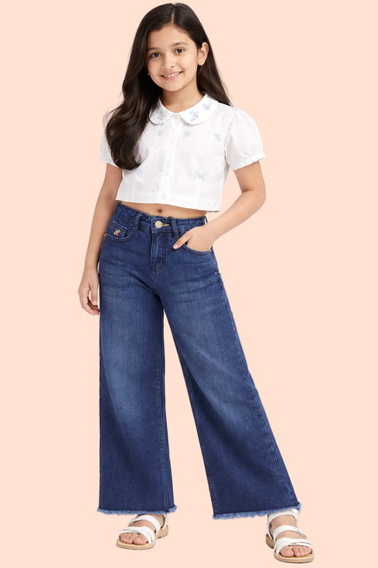 Knit N Knot Girl's Kids Raw Indigo Blue Washed Wide Leg Flared Fit Relaxed High Waist Frayed Bottom Jeans