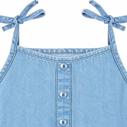 Knit N Knot Girls Light Blue Denim Peplum Top | Tie-Up Strap Top with Button Front | Soft Cotton Denim | Casual Wear for Girls