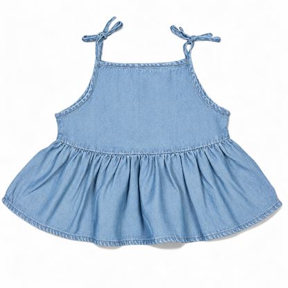Knit N Knot Girls Light Blue Denim Peplum Top | Tie-Up Strap Top with Button Front | Soft Cotton Denim | Casual Wear for Girls