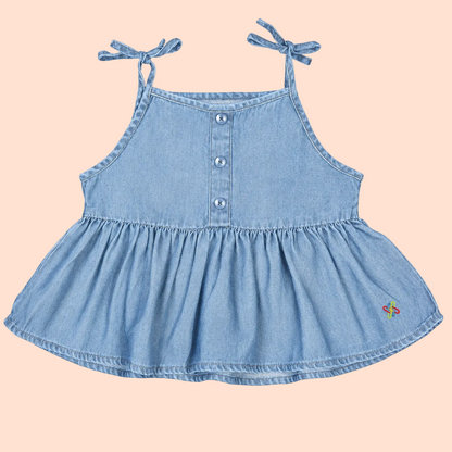 Knit N Knot Girls Light Blue Denim Peplum Top | Tie-Up Strap Top with Button Front | Soft Cotton Denim | Casual Wear for Girls
