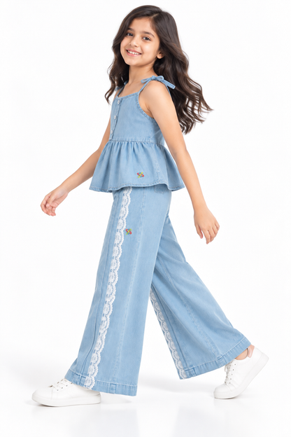 Knit N Knot Girls' Light Blue Soft Denim Top & Palazzo Co-Ord Set with Tie-Up Straps