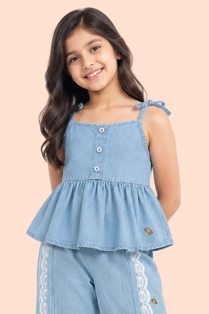 Knit N Knot Girls Light Blue Denim Peplum Top | Tie-Up Strap Top with Button Front | Soft Cotton Denim | Casual Wear for Girls