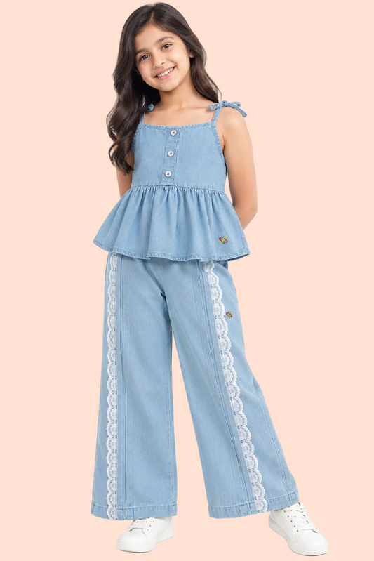 Knit N Knot Girls' Light Blue Soft Denim Top & Palazzo Co-Ord Set with Tie-Up Straps