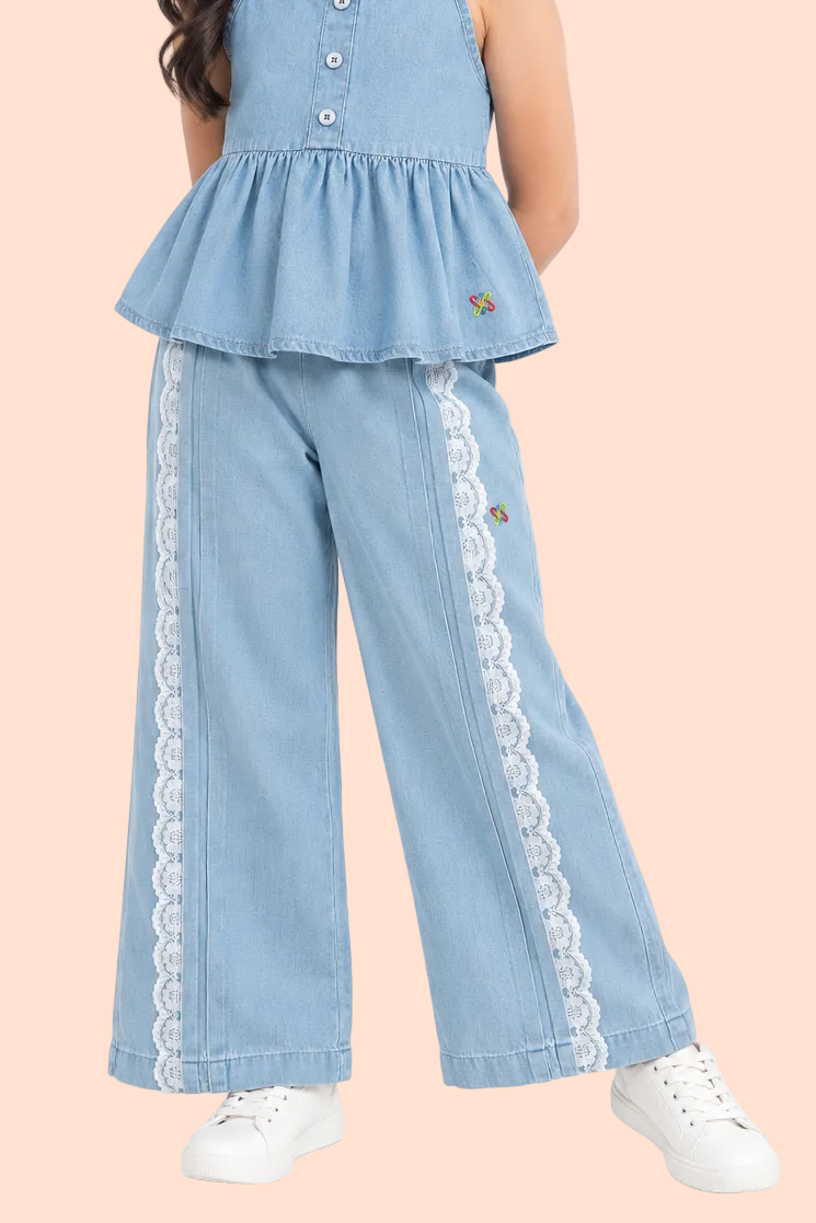 Knit N Knot Girls Ice Blue Denim Wide-Leg Palazzo with Lace Detail | Long Length | Back Elastic