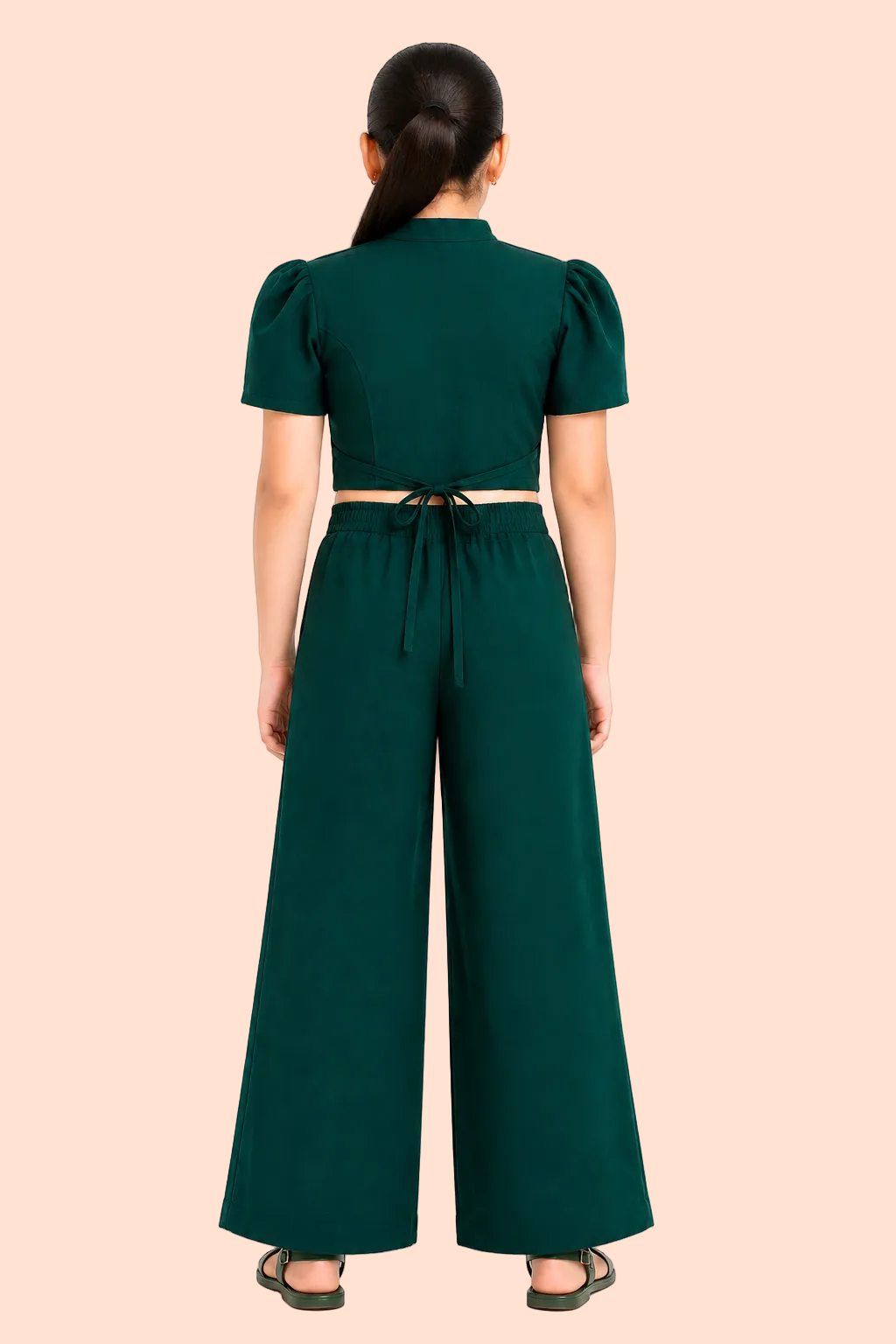 Knit N Knot Girls' Green Viscose Crepe Co-Ord Set of Mandarin Collar Puff Sleeve Top & Wide Leg Palazzo