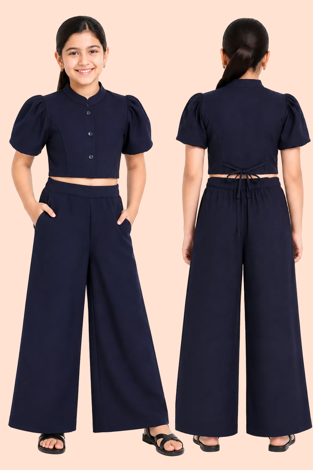 Knit N Knot Girls' Navy Viscose Crepe Co-Ord Set of Mandarin Collar Puff Sleeve Top & Wide Leg Palazzo (Copy)