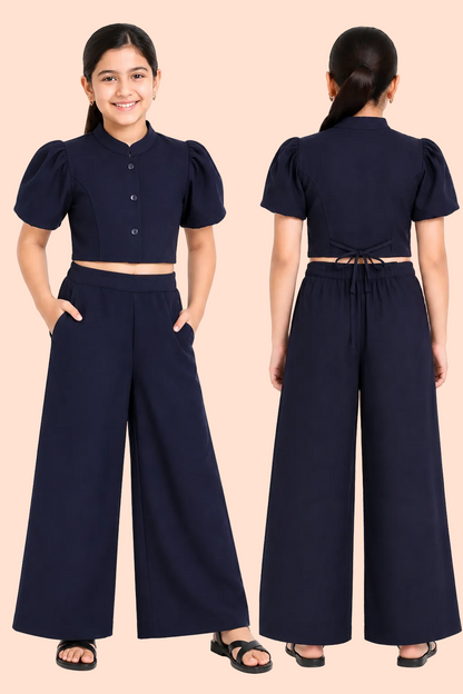 Knit N Knot Girls' Navy Viscose Crepe Co-Ord Set of Mandarin Collar Puff Sleeve Top & Wide Leg Palazzo (Copy)
