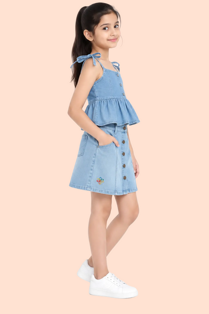 Knit N Knot Girls Ice Blue Denim Bow-Strap Tie Up Peplum Top & A-Line Full Front Open Skirt Co-ord Set